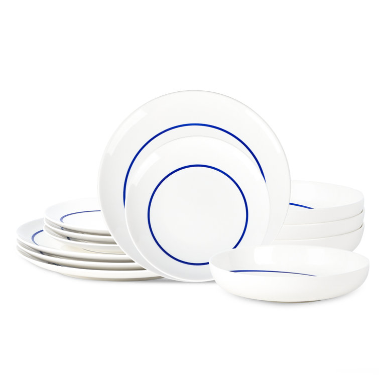 Luna Blue and White Porcelain 12-Piece Dinnerware Set, Service for 4
