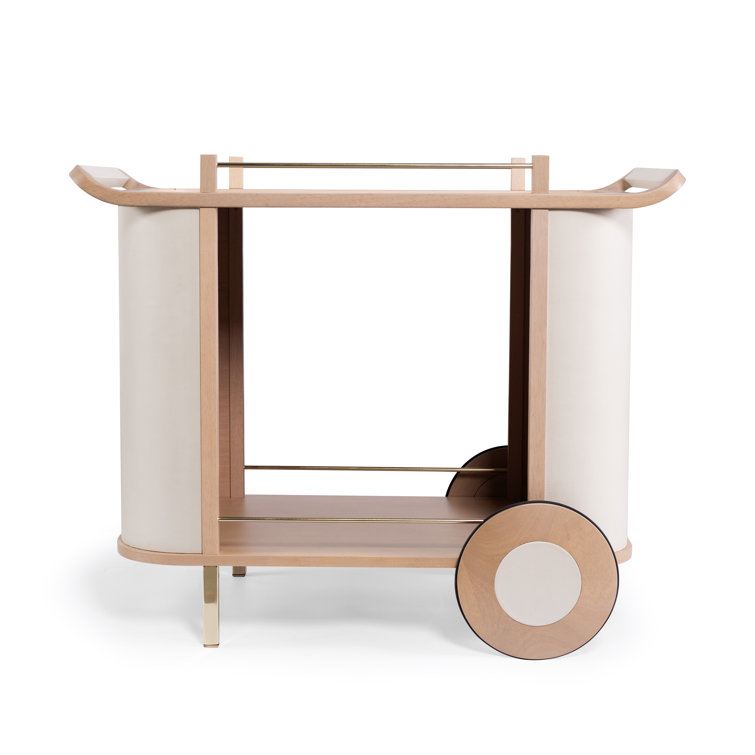 Nuetral Brown and Mirrored Solid Wood Bar Cart with Wheels