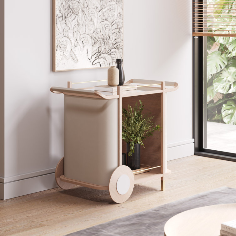 Nuetral Brown and Mirrored Solid Wood Bar Cart with Wheels
