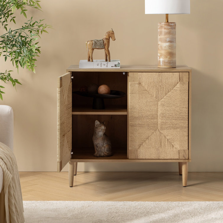 Oak and Woven Manufactured Wood 2-Door Accent Cabinet with Iron Legs