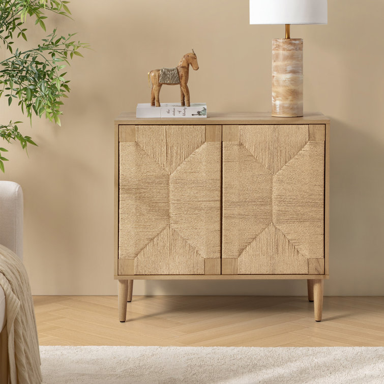 Oak and Woven Manufactured Wood 2-Door Accent Cabinet with Iron Legs