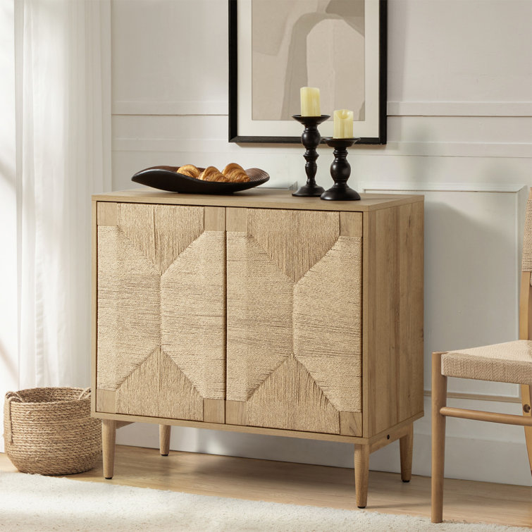 Oak and Woven Manufactured Wood 2-Door Accent Cabinet with Iron Legs