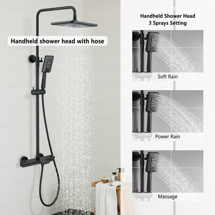 Matte Black Thermostatic Rain Shower System with Handheld