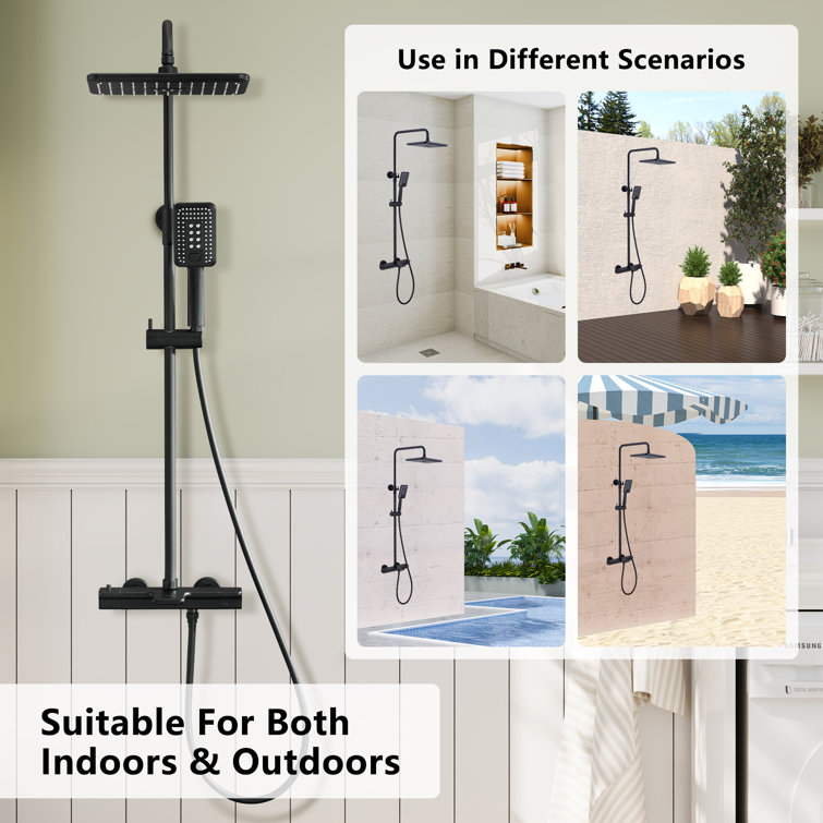 Matte Black Thermostatic Rain Shower System with Handheld