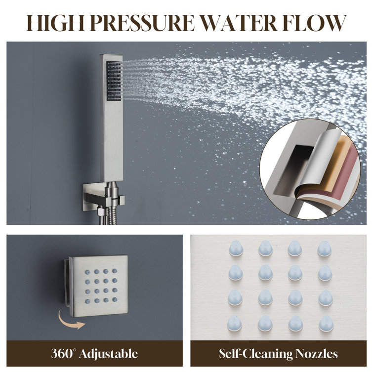 Large Brushed Nickel Dual Square Wall Mounted Shower System