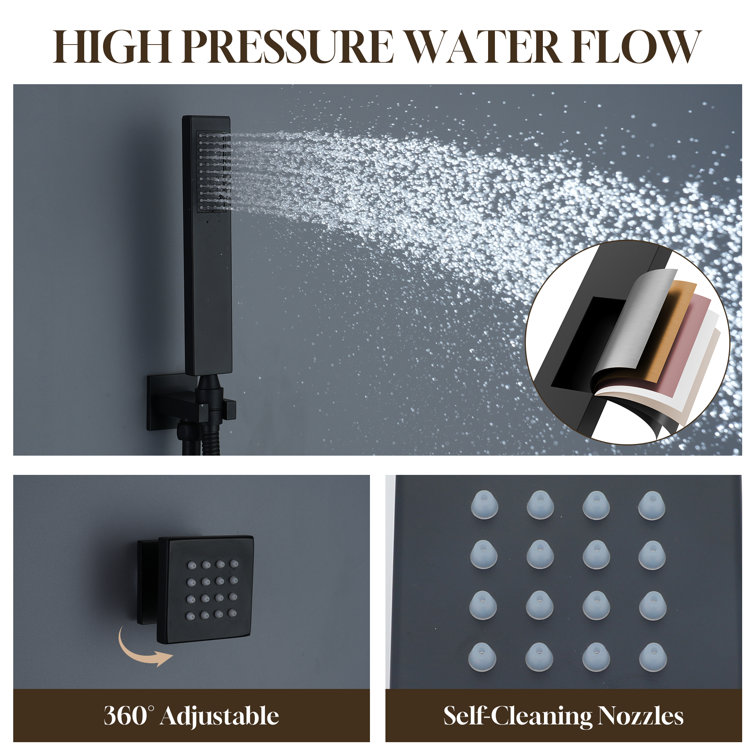 Matte Black Wall Mounted Rainfall Shower System with Solid Brass Handheld