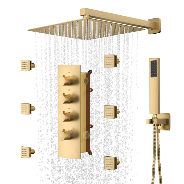 Brushed Gold Thermostatic Wall Mounted Rainfall Shower System with Body Jets