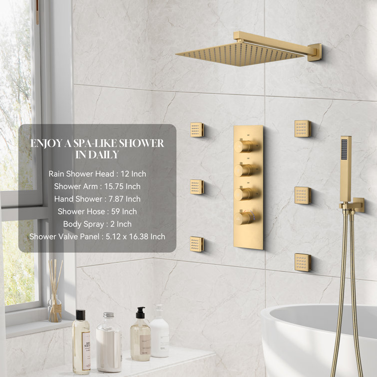 Brushed Gold Thermostatic Wall Mounted Rainfall Shower System with Body Jets