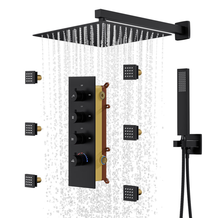 Matte Black Wall Mounted Rainfall Shower System with Solid Brass Handheld