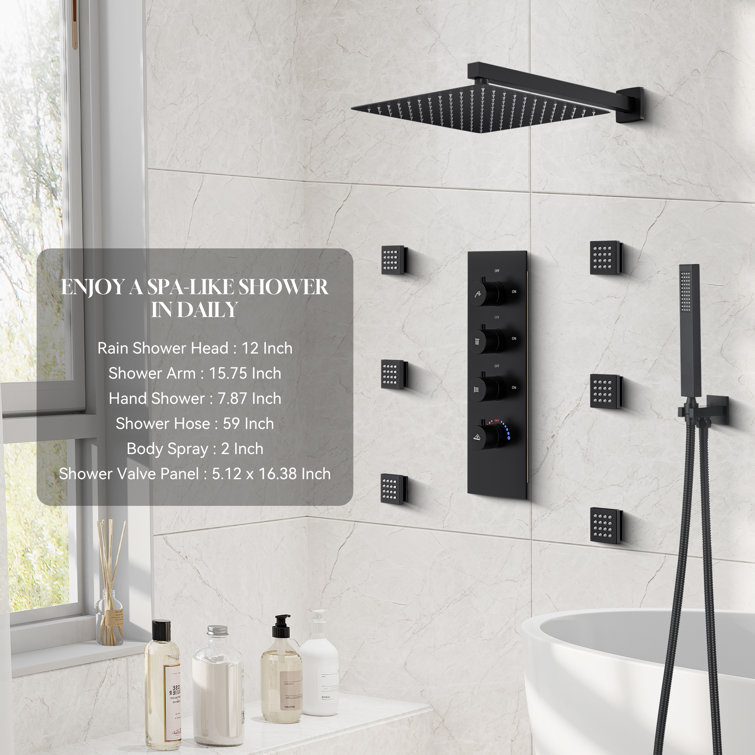 Matte Black Wall Mounted Rainfall Shower System with Solid Brass Handheld