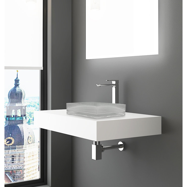 Clear Glass Square Vessel Sink with White Base