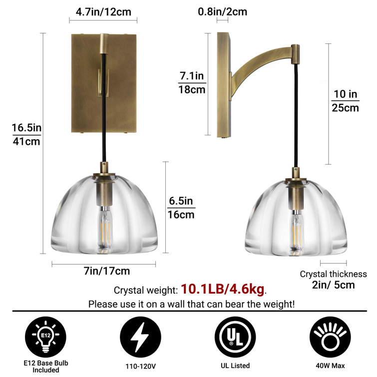 Brass and Crystal Wall Sconce with Adjustable Suspension