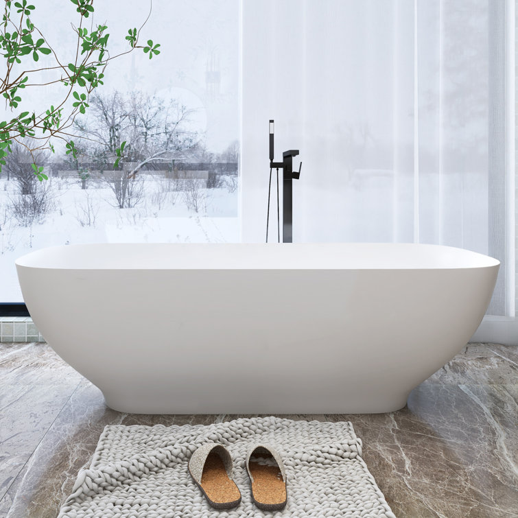 Matte White Freestanding Soaking Bathtub with Overflow and Drain