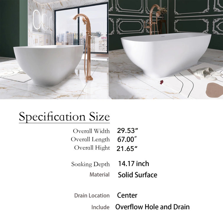 Matte White Freestanding Soaking Bathtub with Overflow and Drain