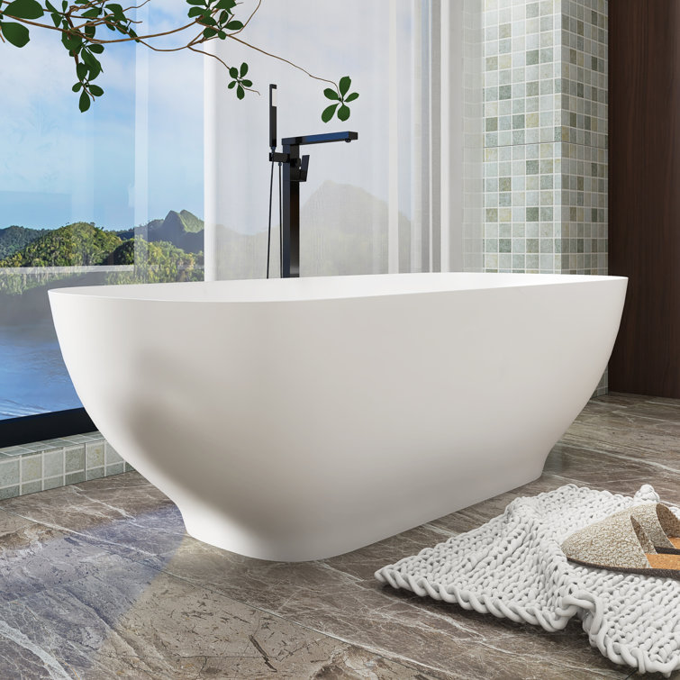 65" Matte White Stone Resin Freestanding Soaking Bathtub