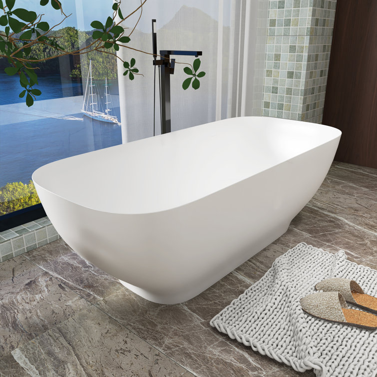 65" Matte White Stone Resin Freestanding Soaking Bathtub