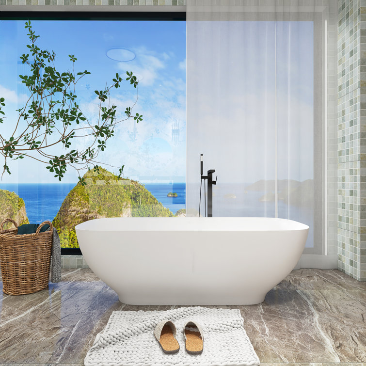 65" Matte White Stone Resin Freestanding Soaking Bathtub