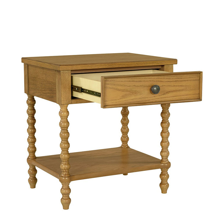 Natural Oak 1-Drawer Solid Wood Nightstand with Turned Legs