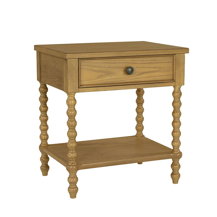 Natural Oak 1-Drawer Solid Wood Nightstand with Turned Legs