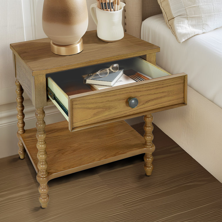 Natural Oak 1-Drawer Solid Wood Nightstand with Turned Legs