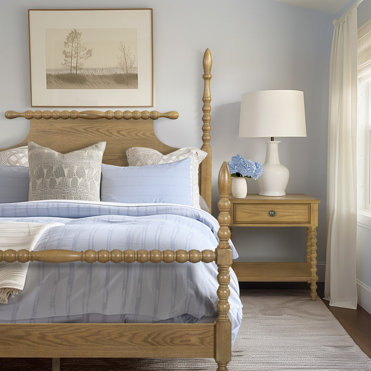 Natural Oak 1-Drawer Solid Wood Nightstand with Turned Legs