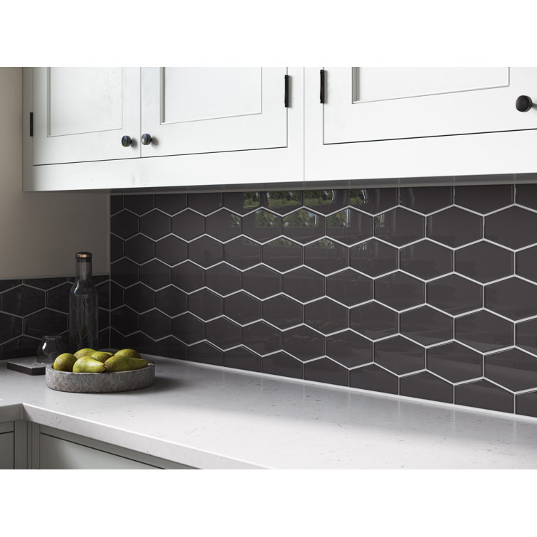Carbon Gloss Elongated Hexagon Glass Mosaic Tile 11x11