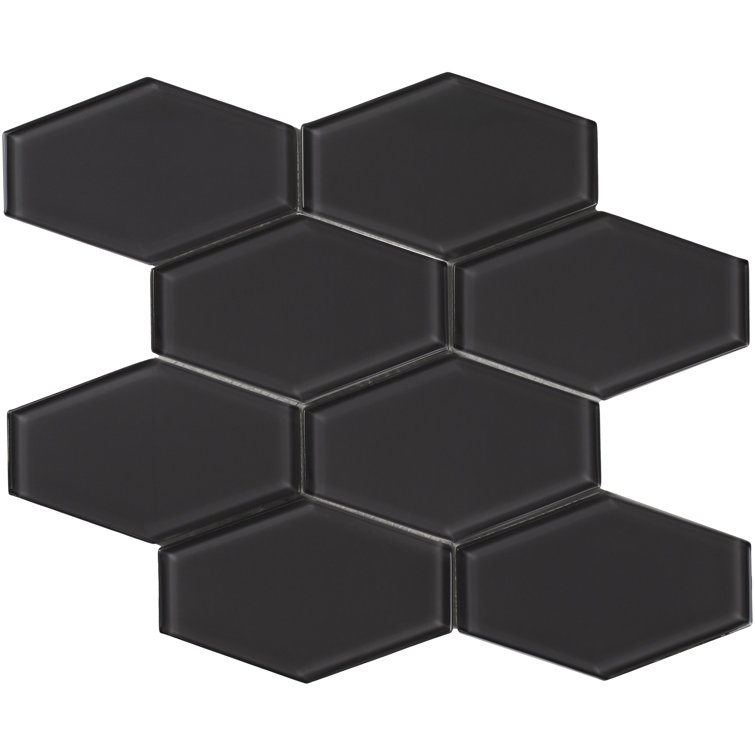 Carbon Gloss Elongated Hexagon Glass Mosaic Tile 11x11