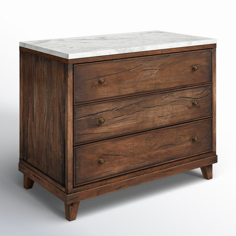 Elson Dark Brown Mango Wood 3 Drawer Nightstand with Marble Top