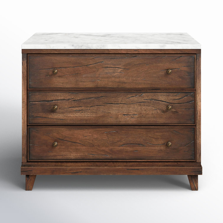 Elson Dark Brown Mango Wood 3 Drawer Nightstand with Marble Top