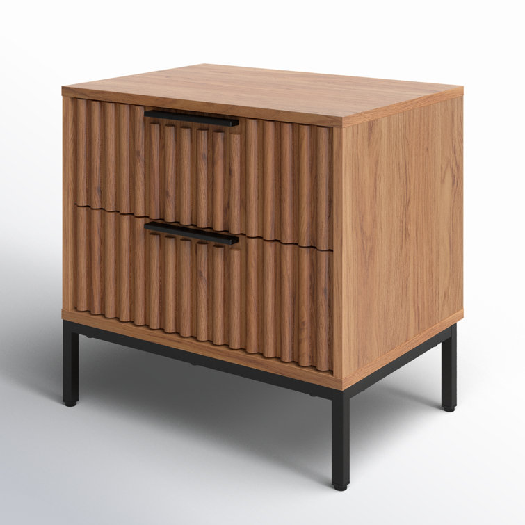 Oak and Black 2-Drawer Fluted Nightstand with Cone Legs