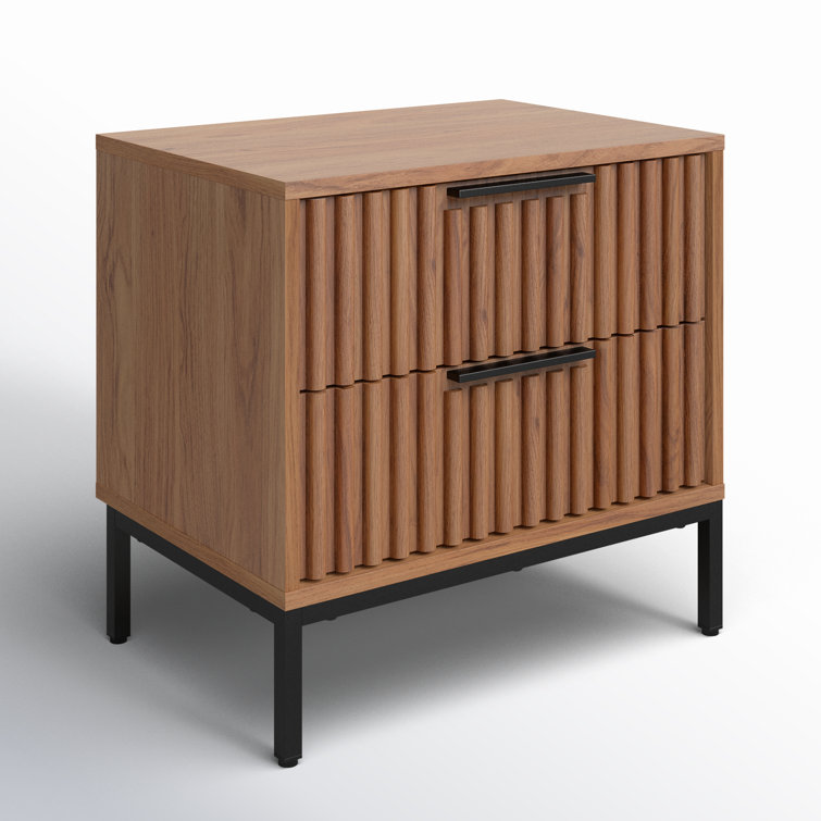 Oak and Black 2-Drawer Fluted Nightstand with Cone Legs