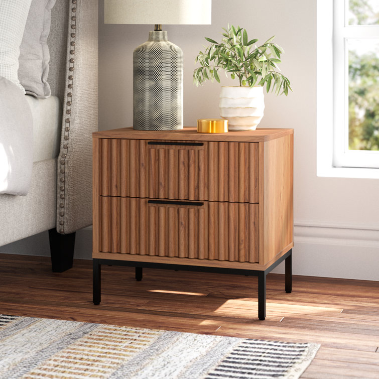 Oak and Black 2-Drawer Fluted Nightstand with Cone Legs
