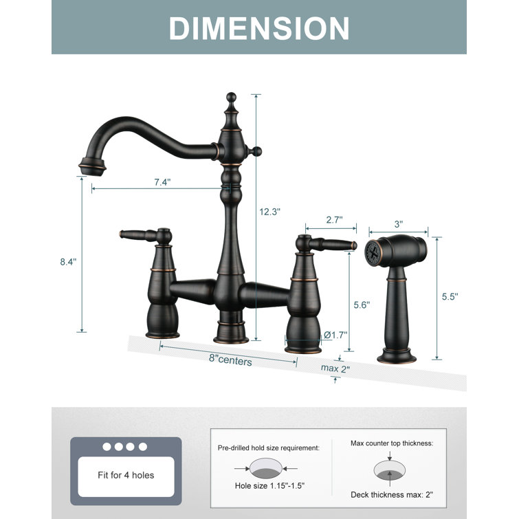 Oil Rubbed Bronze Double Handle Bridge Kitchen Faucet with Side Sprayer