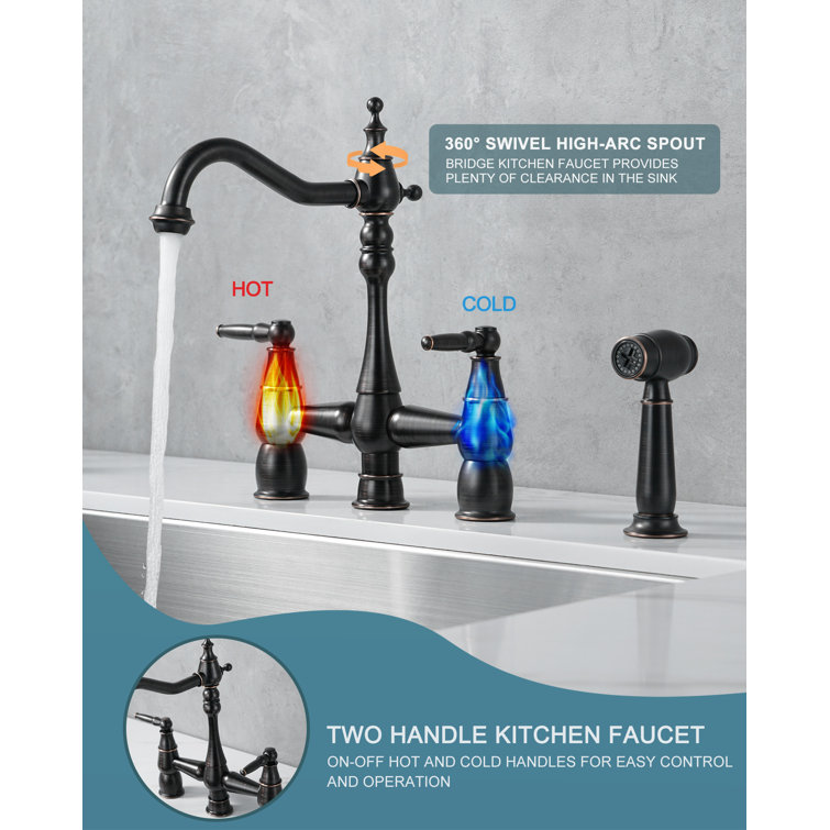 Oil Rubbed Bronze Double Handle Bridge Kitchen Faucet with Side Sprayer