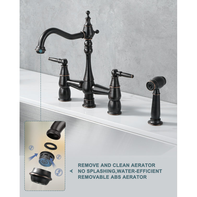 Oil Rubbed Bronze Double Handle Bridge Kitchen Faucet with Side Sprayer