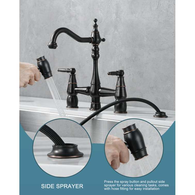 Oil Rubbed Bronze Double Handle Bridge Kitchen Faucet with Side Sprayer