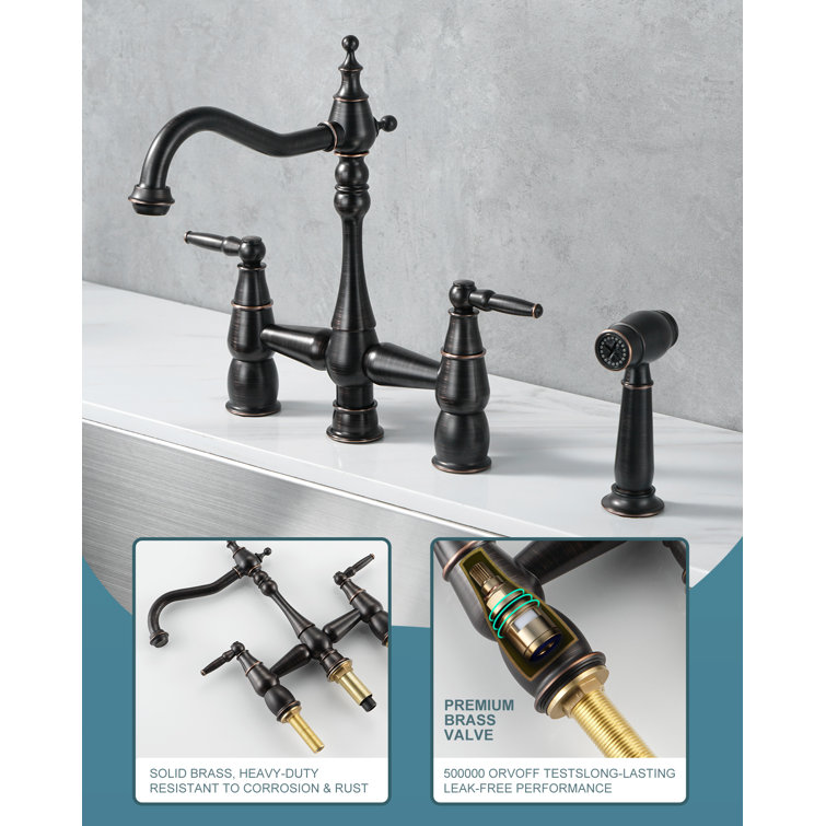 Oil Rubbed Bronze Double Handle Bridge Kitchen Faucet with Side Sprayer