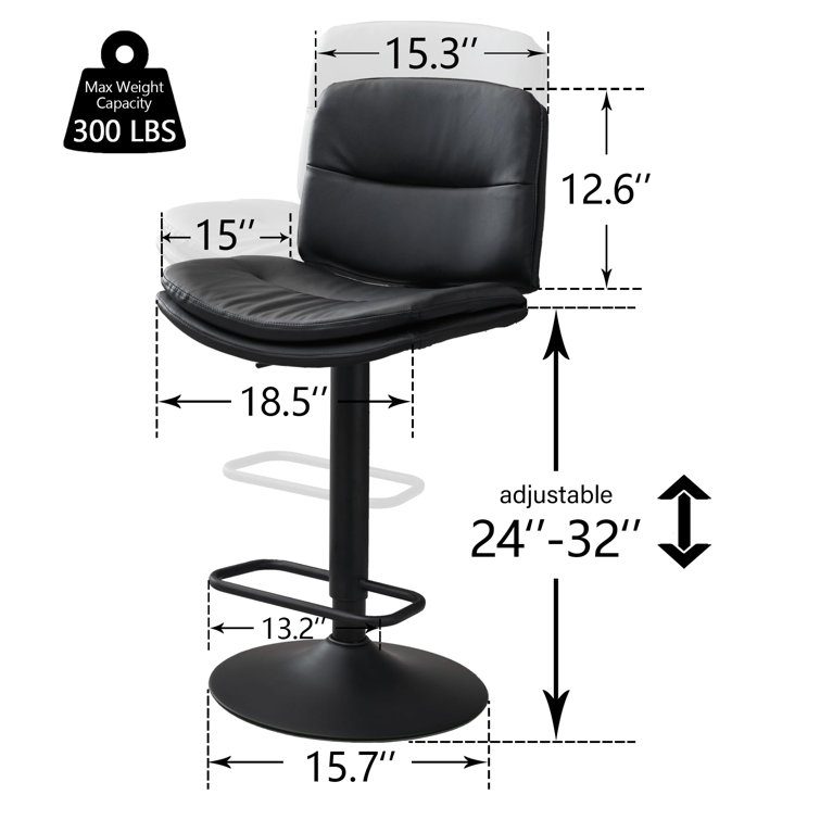 Black Adjustable Swivel Faux Leather Bar Stools with Backrest