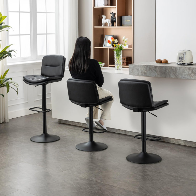Black Adjustable Swivel Faux Leather Bar Stools with Backrest