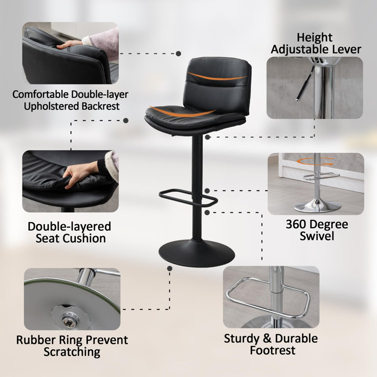 Black Adjustable Swivel Faux Leather Bar Stools with Backrest