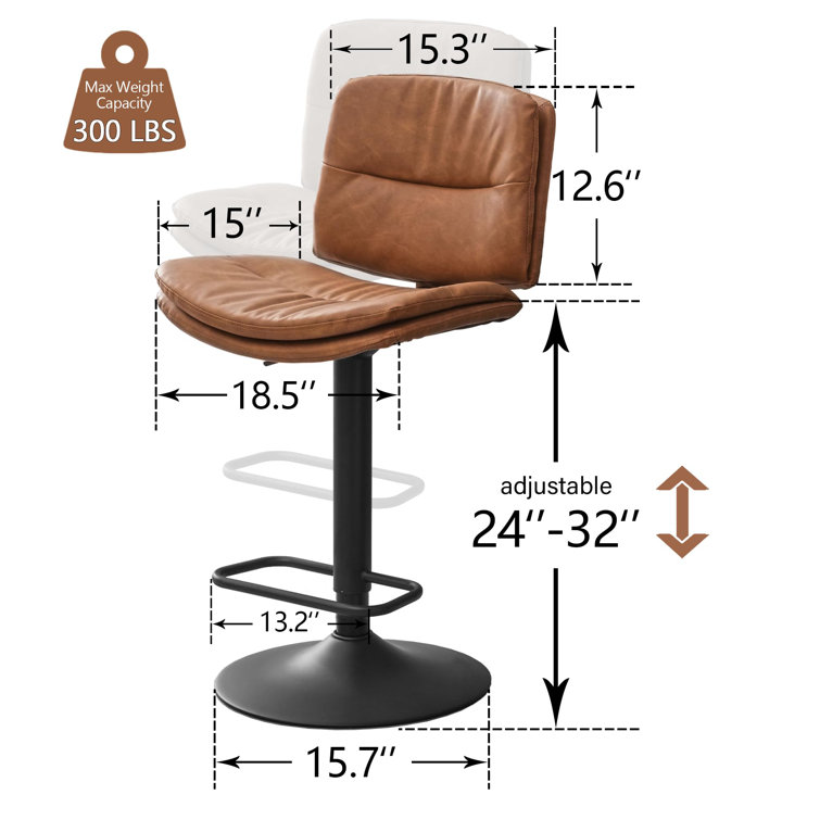 Adjustable Brown Faux Leather Swivel Bar Stools with Metal Frame