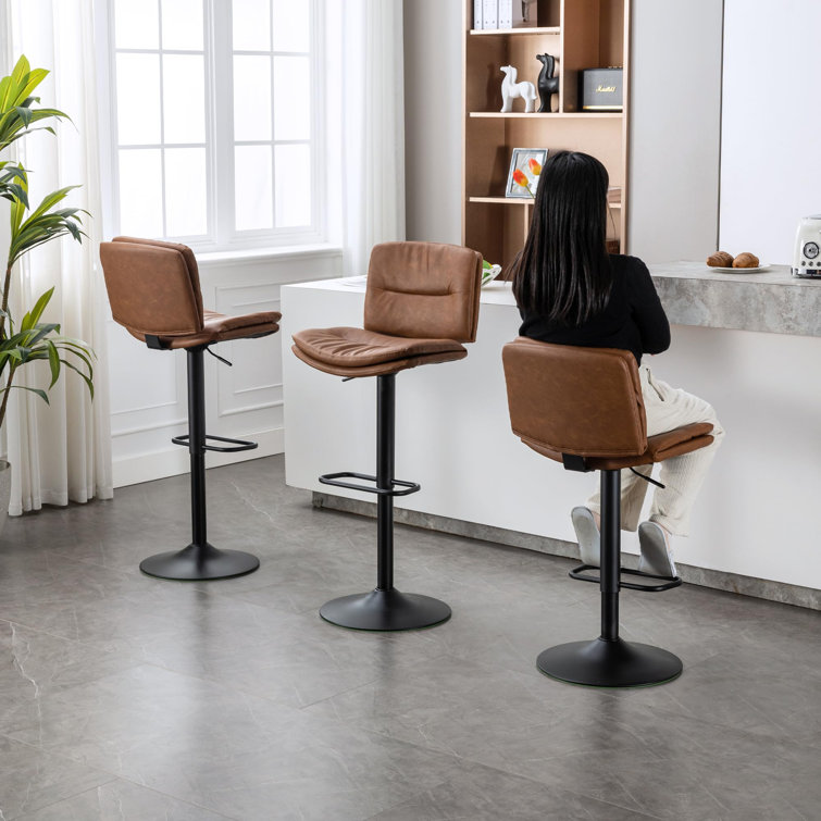 Adjustable Brown Faux Leather Swivel Bar Stools with Metal Frame