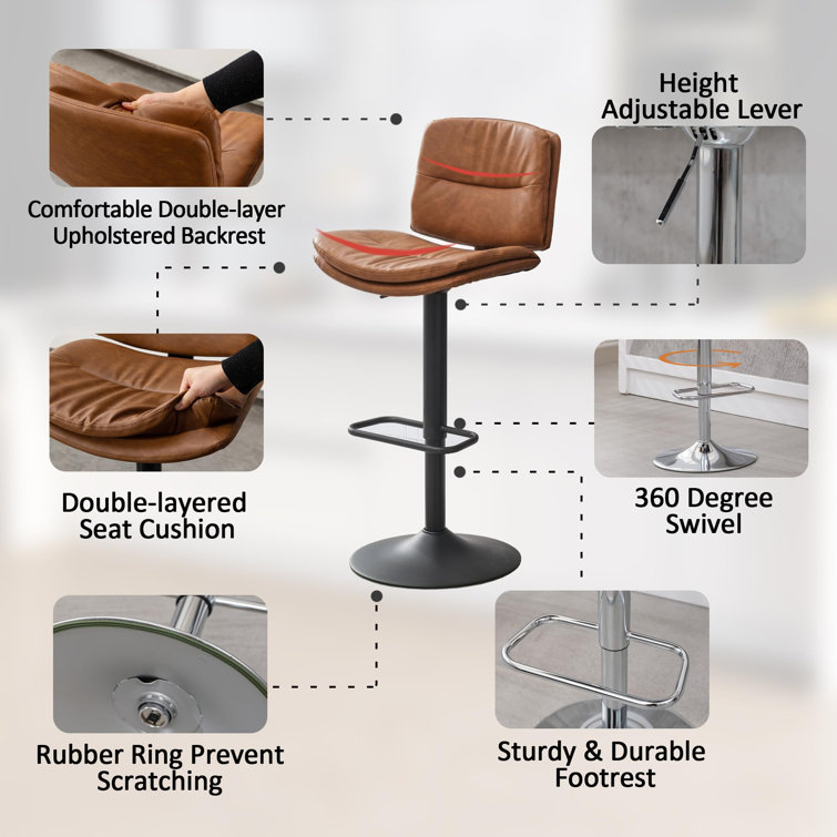 Adjustable Brown Faux Leather Swivel Bar Stools with Metal Frame