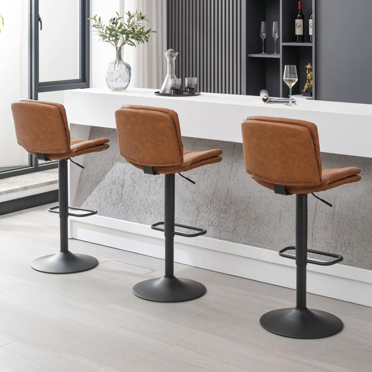 Adjustable Brown Faux Leather Swivel Bar Stools with Metal Frame