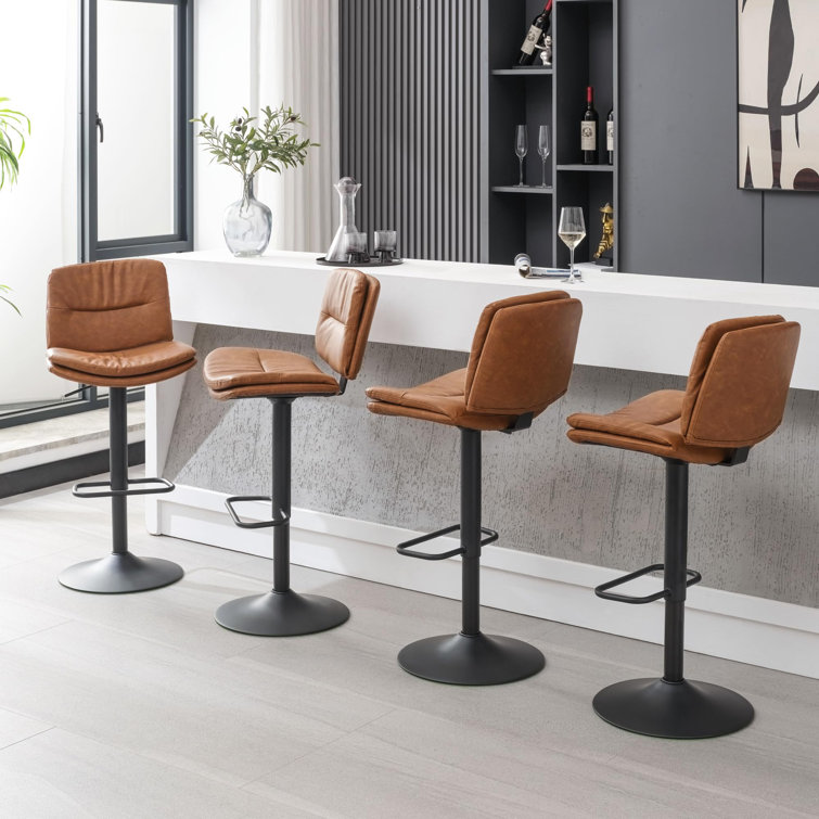 Adjustable Brown Faux Leather Swivel Bar Stools with Metal Frame