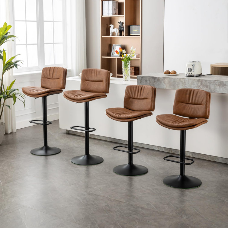 Adjustable Brown Faux Leather Swivel Bar Stools with Metal Frame