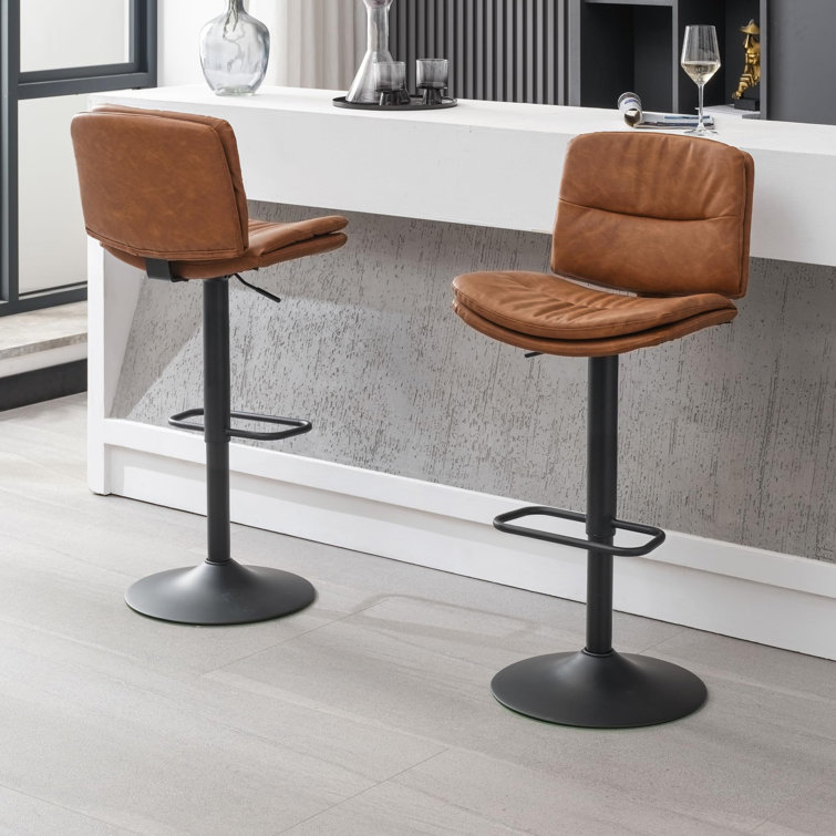 Adjustable Brown Faux Leather Swivel Bar Stools with Metal Frame