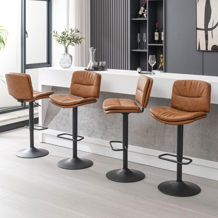 Adjustable Brown Faux Leather Swivel Bar Stools with Metal Frame