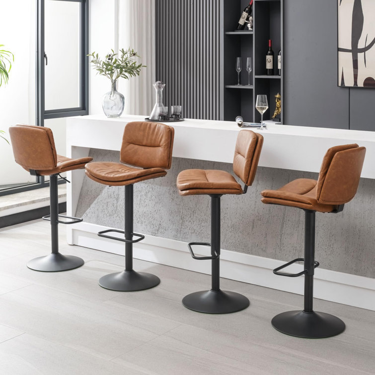 Adjustable Brown Faux Leather Swivel Bar Stools with Metal Frame