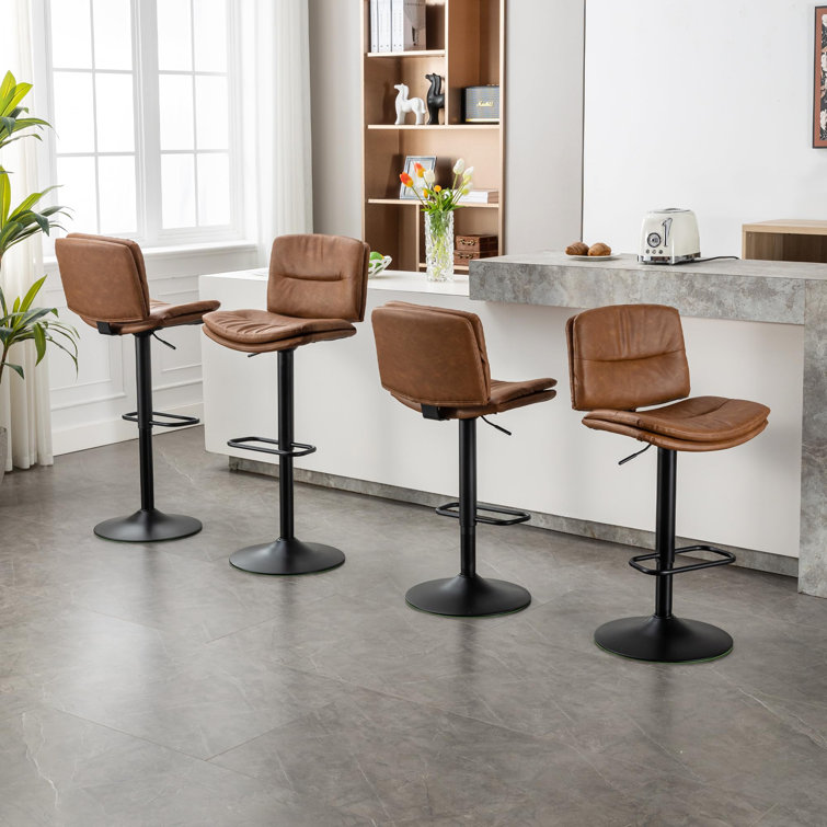 Adjustable Brown Faux Leather Swivel Bar Stools with Metal Frame, Set of 3
